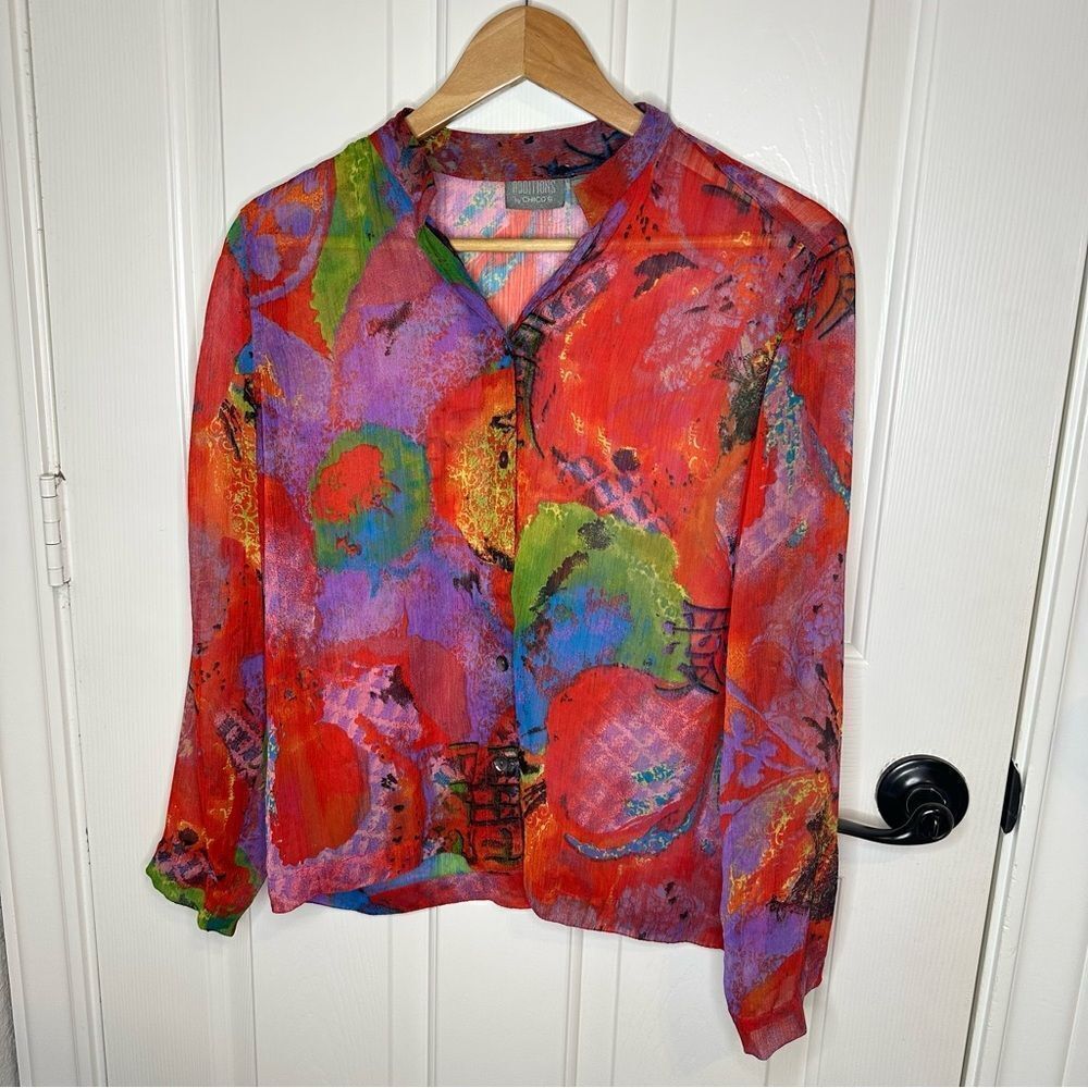 VTG Notations By Chico’s Red Multicolor Oriental Print Button Down Sz 1 / M Boho - Picture 2 of 7